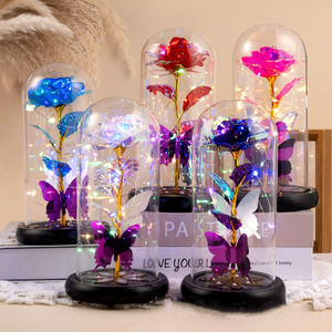 Fleurs conservées Rose de soie rouge en verre Dome avec lumières LED