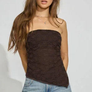 Top de tubo asimétrico a rayas para mujer, Top corto de punto transpirable con logotipo frontal, estilo sin <span class=keywords><strong>tirantes</strong></span> - Product Image 2