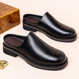 Zuecos de Cuero Genuino para Hombre, Punta Redonda, Suela de PU, Entresuela de EVA, Cómodos, a la Moda, para Todas las Temporadas, Color Sólido, Zapatos Sin Cordones - Product Image 2