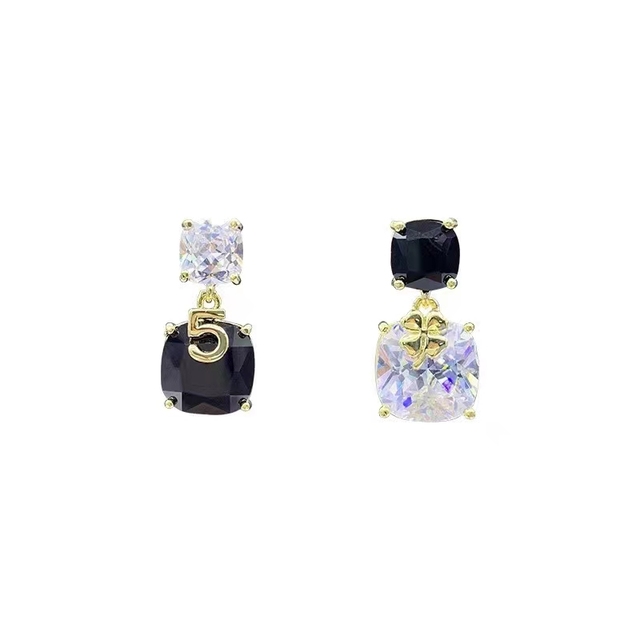 Trendy Asymmetrical Black Square Drop Earrings Elegant Light Luxury 18K Gold Plated Rhinestones Women's Party