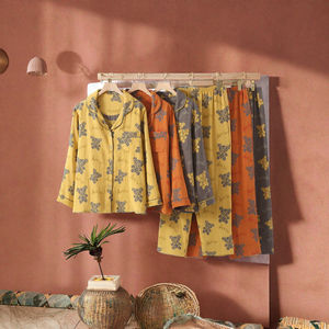 Nuevo Conjunto de Pijama Retro de Lujo para Mujer, Jacquard de Algodón Puro, Teñido con Hilo, Manga Larga, Pantalones Largos con Cordón, Transpirable para Invierno - Product Image 3