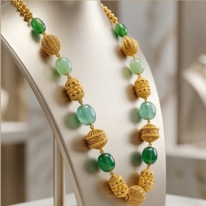 Antique 925 Silver <b>Necklace</b> with Dark Light Green Beads Long Chain Mala <b>Statement</b> Jewelry for Women Wedding Gift Party Wear - Product Image 6