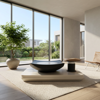 Table basse carrée sculpturale à deux niveaux en bois mat foncé, à profil bas, moderne et sophistiquée, pour salon ou espace détente