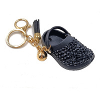 Rhinestone Mini Croc Shoe Keychain With Tassel & Bell Bling Clog Bag Pendant Multi Color Key Charm