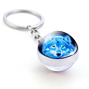 Wolf Và Mặt Trăng Keyring Howling Wolf Double Side Glass Bóng Mặt Dây Chuyền Keychain Wolf Head Đồ Trang Sức
