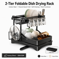Égouttoir à vaisselle pliable à 2 niveaux OEM avec plateau de récupération, planche à découper et porte-gobelets, égouttoir de cuisine en acier carbone pour évier et comptoir