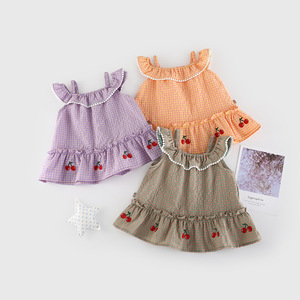 Baby Girl Plaid Dress Summer Princess Off Shoulder Skirt Newborn Korean Clothes Children's Wear Cherry <b>Slip</b> Dress Sweet Dress - Product Image 1