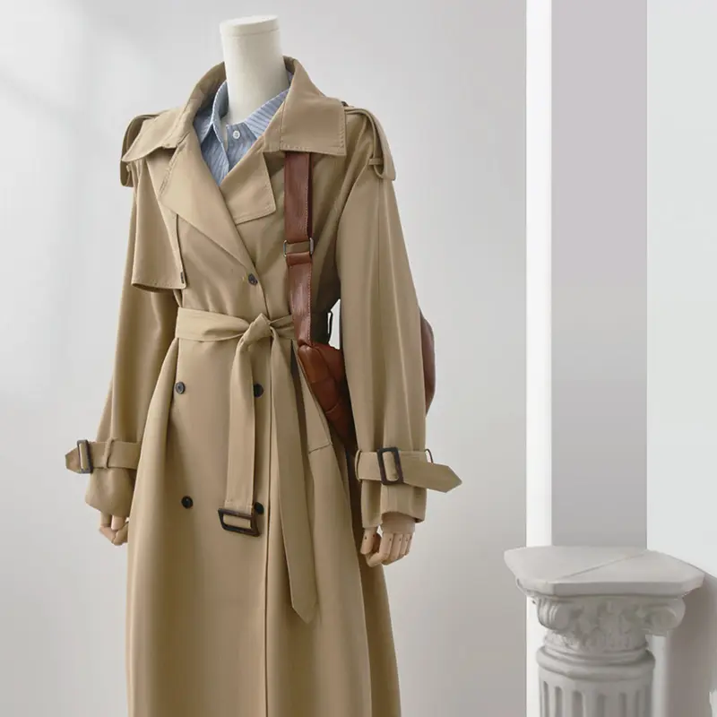 Casaco cáqui personalizado de comprimento médio com cintura alta, casaco clássico feminino novo com silhueta de outono e temperamento, longo padrão