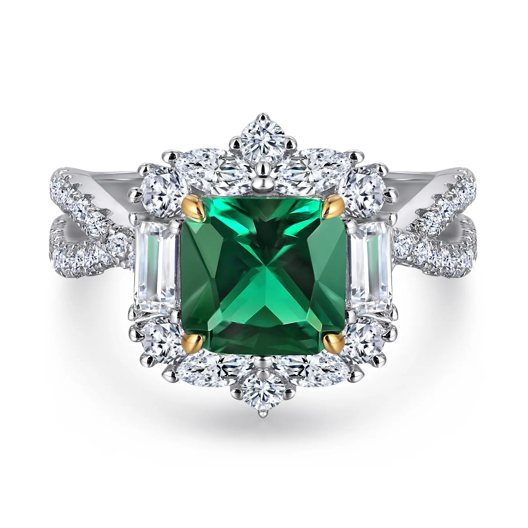 S925 Sterling Silver Inlaid Emerald Square Lab Grown Artificial High Carbon Diamond Wedding Rings Jewellery Ring