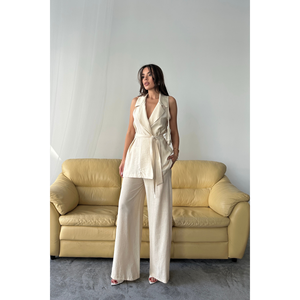 Conjunto de Pantalones y Chaleco de Tela Color Beige Fresa, Talla XS, Ropa Deportiva Informal con Cuello Corto con Lazo, Pantalones Cortos Tejidos - Product Image 2