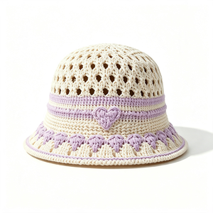 Women Hand Embroidery Striped Bucket <b>Hat</b> Hollow Heart Decor Wide Brim Summer Sun <b>Hat</b> Beach Travel Casual Outdoor Fishing - Product Image 2