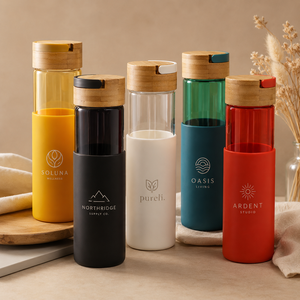 Offre Spéciale – Gobelet d'extérieur écologique à double paroi en verre avec poignée portable, couvercle en bambou et revêtement en silicone - Product Image 1