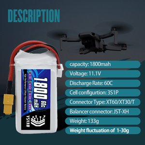 VSVAW 11.1V 1800mah 3S Drone Lipo Batterie XT60 T Deans XT30 JST RC Pièces 60C pour FT012 Racing Boat Car Avion Copter FPV Drone - Product Image 4