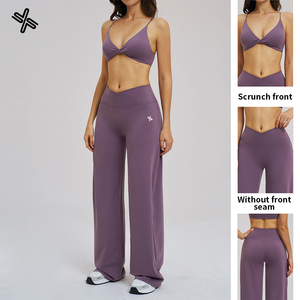 طقم ملابس رياضية نسائية بشعار مخصص، حمالة صدر رياضية بتصميم ملتوي من الأمام، بنطلون يوجا واسع الساق بخصر مرتفع، طقم من قطعتين - Product Image 1