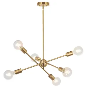 Lámpara de araña Sputnik de mediados de siglo, 6 luces, candelabro de latón cepillado, accesorio de luz de techo ajustable de oro