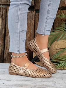 Zapatos Planos Mary Jane Dorados para Mujer, Diseño Calado, Retro, con Correa en el Tobillo, Forro de Malla Transpirable, Suela y Entresuela de PU - Product Image 3