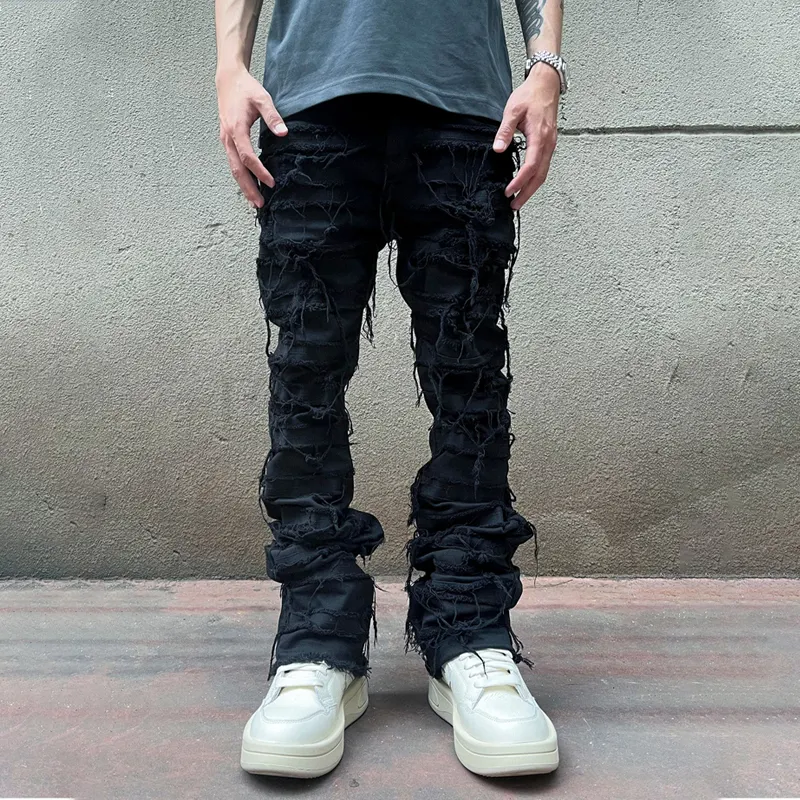 LILUO Accept No MOQ Wholesale streetwear flared black slim fit jeans Custom designer distressed stacked Jeans For Men