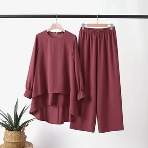 PROMISTAR Completo da <span class=keywords><strong>Donna</strong></span> Estivo Nuovo Stile Musulmano Casual Elegante con Top a Doppio Strato e <span class=keywords><strong>Pantaloni</strong></span> a Gamba Larga Tinta Unita - Product Image 6