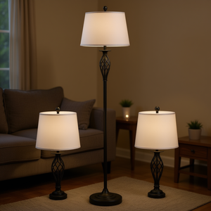 Juego de 2 Lámparas de Mesa y 1 Lámpara de Pie con Pantallas de Tela, Luz Blanca Cálida, Iluminación Interior, Estilo Tradicional, Base de Metal - Product Image 2