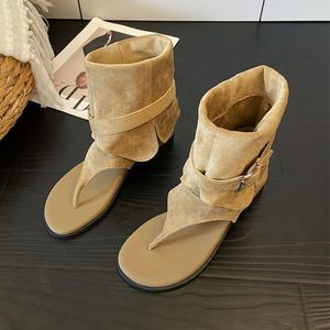 <b>Flat</b> Heel Roman <b>Sandals</b> Women 2026 Summer French Style Toe Clip Retro Pile up Versatile Short Cool Boots - Product Image 6