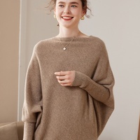Pull en cachemire tricoté pour femme, style coréen, couleur unie, manches chauve-souris, col bateau, coupe ample, manches longues, polyvalent, pour l'hiver
