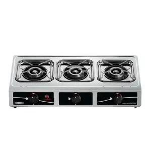 Three Burners Table-top LPG Gas Stove Cooktop with Stainless Steel Closed Burner, Cast Iron Material Automatic Ignition JINYU