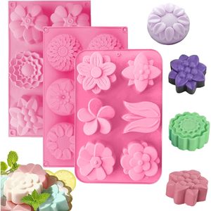 Moules à savon en silicone colorés rotatifs, 3 pièces, formes de fleurs, flexibles et réutilisables pour la fabrication de savon, gâteaux faits à la main, chocolat, pâtisserie - Product Image 1