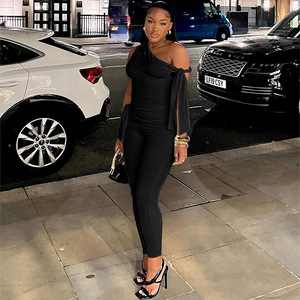 ชุดเสื้อผ้า2ชิ้นสำหรับฤดูใบไม้ร่วงเลกกิ้งเปิดไหล่ข้างเดียวแขนกุดลำลองทรงสกินนี่และกางเกงขายาวสีพื้น - Product Image 5