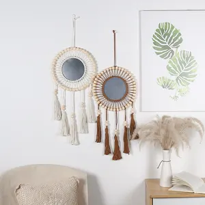 Bán buôn handmade vòng gương trang điểm với hạt gỗ macrame treo tường mộc mạc tường Gương Treo