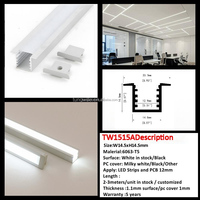 Profilé LED en aluminium encastré W15*H15mm 6063 T5, longueur sur mesure pour la décoration intérieure de plafonds et murs