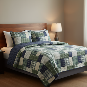 Juego de Edredón Reversible de 3 Piezas, Verde Marino, King/Cal King, Diseño Geométrico de Patchwork, Ropa de Cama para Todas las Temporadas - Product Image 2