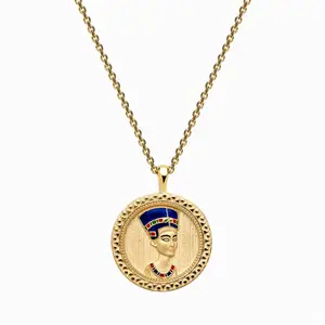 Europe INS Vintage Real Gold Plating NO Fade Ancient Egyptian Pharaoh's Statue Medal Pendant Necklace for Women Jewelry