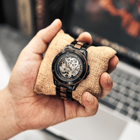 Montre automatique squelette en bois de noyer de luxe avec acier inoxydable, logo personnalisé, montre mécanique pour homme
