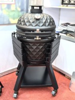 Grill Kamado en céramique mate à motif diamant de qualité supérieure OEM/ODM avec chariot roulant robuste / Fabricant de Kamado, idéal pour le barbecue