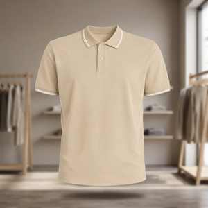 Polo à manches courtes pour homme, beige, en coton piqué, couleur unie, design décontracté, respirant, coupe classique - Product Image 3