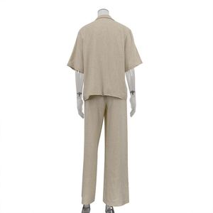 Pantaloni larghi cachi personalizzati e <span class=keywords><strong>abbigliamento</strong></span> <span class=keywords><strong>classico</strong></span> Top tailleur Casual da <span class=keywords><strong>donna</strong></span> 2025 2 pezzi Set di pantaloni da <span class=keywords><strong>donna</strong></span> in lino di viscosa di qualità estiva - Product Image 5