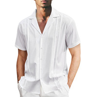 Erkek Bol Kesim Günlük Keten Gömlek Puantiyeli Tek Göğüslü Kırışmaz Nefes Alabilen ODM Küba Guayabera Kısa Kollu Plaj İlkbahar