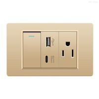 Interruptor de Pared con Panel Táctil Dorado 118, Material de PC Duradero, Enchufe Americano, Británico y Europeo, USB Tipo C, 10A/20A, IP24, 2 Tomas