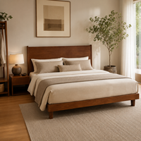 Cama de Plataforma de Madera Maciza de Nogal Estilo Francés Natural Moderno, Estructura de Cama Minimalista de Mediados de Siglo con Diseño Flotante