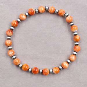 Pulsera Elástica Hecha a Mano con Perlas de Plata de Ley y Turquesa de Ostra Espinosa Naranja - Product Image 6