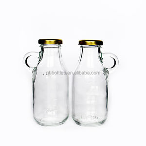 Bouteille de jus de lait en verre gaufré vintage transparent de 250ml avec petite poignée et ligne d'échelle - Product Image 1