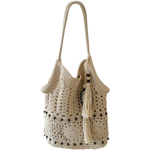 Bolso de Hombro Étnico de Gran Capacidad, Estilo Forestal, Artístico, Calado, con Borlas, de Algodón Tejido, para Vacaciones en la Playa, Color Blanco Roto - Product Image 5