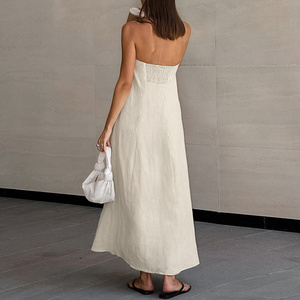 Nuovo Abito Lungo da Donna alla Moda 2026, Vestito Estivo in Cotone e <span class=keywords><strong>Lino</strong></span> con Spalle Scoperte e Tasche, Bestseller - Product Image 3