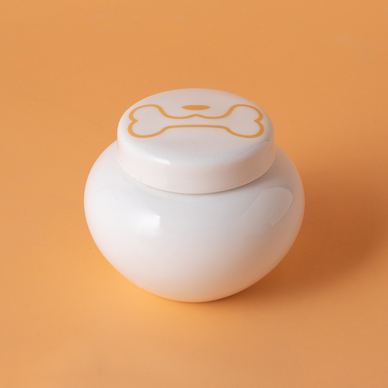 Round ash urn-white-golden dog-biting bone