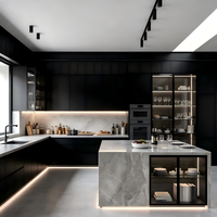 Meuble de cuisine moderne de luxe en bois massif, design d'îlot de garde-manger modulaire haut de gamme, charnières de tiroir, finition noir brillant
