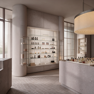 Aménagement intérieur de boutique de parfums et cosmétiques sur mesure Wabi Sabi en travertin, mobilier complet pour magasin, présentoir de beauté pour la vente au détail - Product Image 5