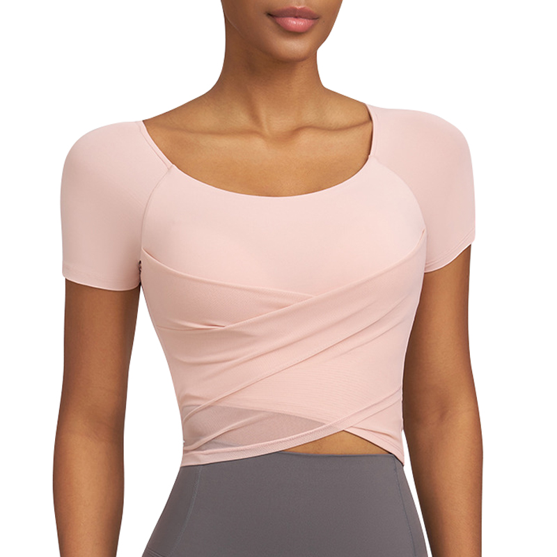 Women's Lightweight Spring Quick-Dry Yoga Top with Cross-Back Mesh Panels-Breathable Skinny Fit Pilates & Training Sportswear