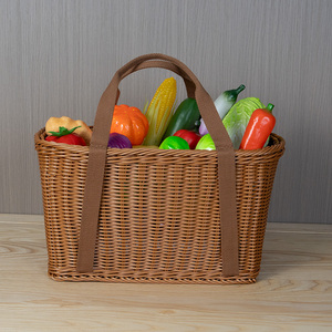 Keranjang Piknik Rotan Anyaman Tangan dengan Pegangan, Keranjang Penyimpanan Peralatan Dapur, Wadah Makanan untuk Menyajikan Sayuran dan Makanan - Product Image 1