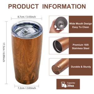 Gobelet écologique en acier inoxydable à double paroi de 20oz Tasse de voyage vintage en bois pour l'extérieur avec couvercle - Product Image 2