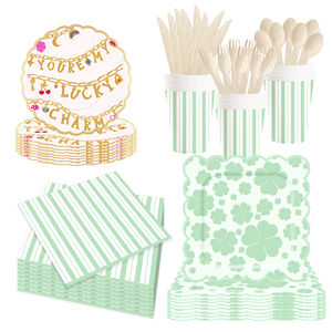 DAMAI Happy Birthday Theme Party Supplies <b>Disposable</b> Paper Plates Napkins Green with Flower Hot Gold Stamping Tableware Set - Product Image 2